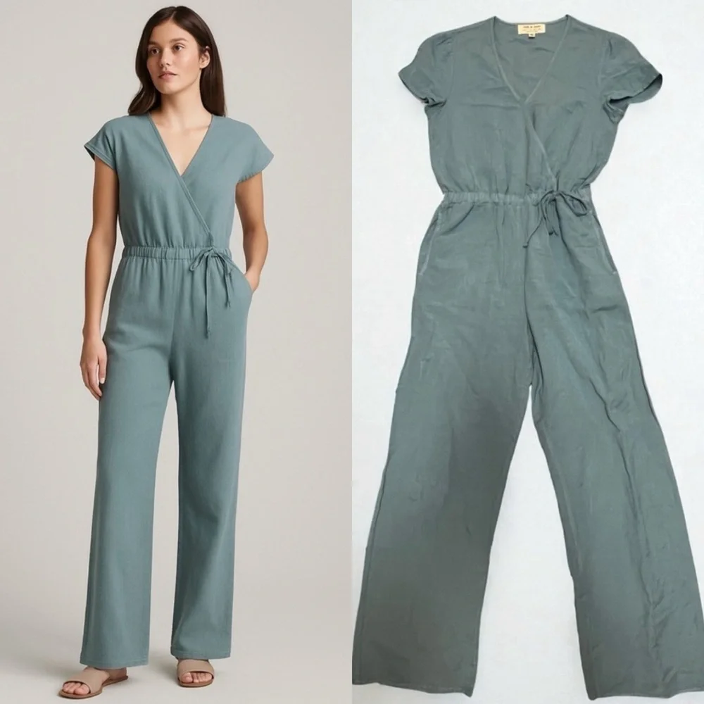 Cloth & Stone Anthropologie Linen Blend Jumpsuit Blue Wrap Short Sleeve Size M - Picture 1 of 16